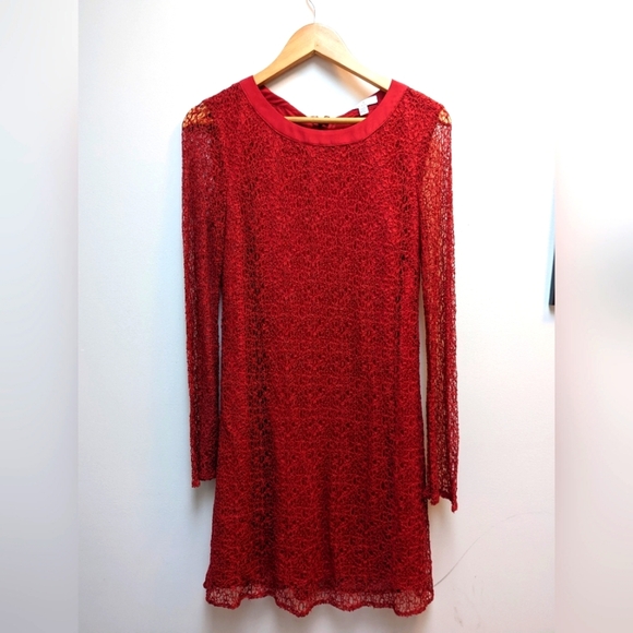 H by Halston Red Lace Tie Neck Shift Dress - Picture 1 of 4